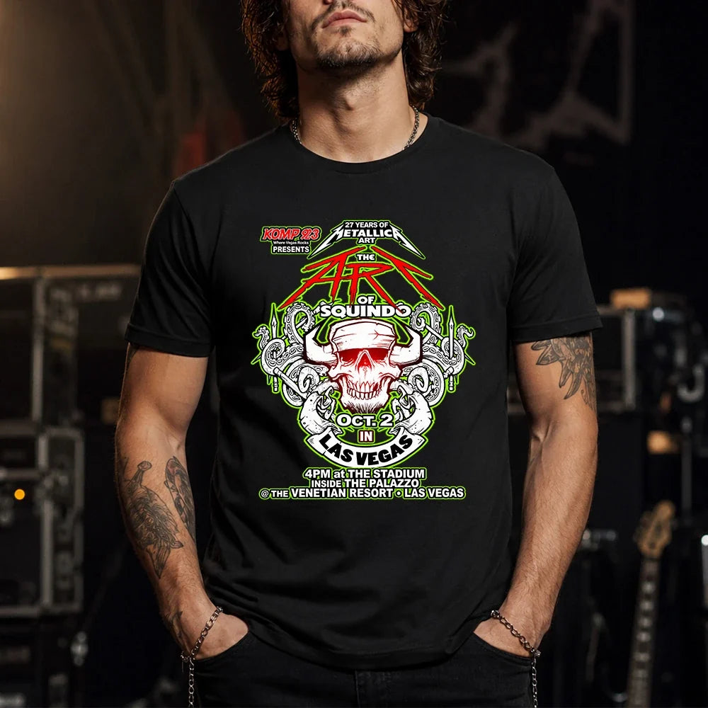 Metallica Life Burns Faster October 2 2026 The Stadium at The Palazzo Las Vegas United States T-shirt by Squindo featuring The Art of Squindo skull, curling tentacles, red graphics and electric green details.